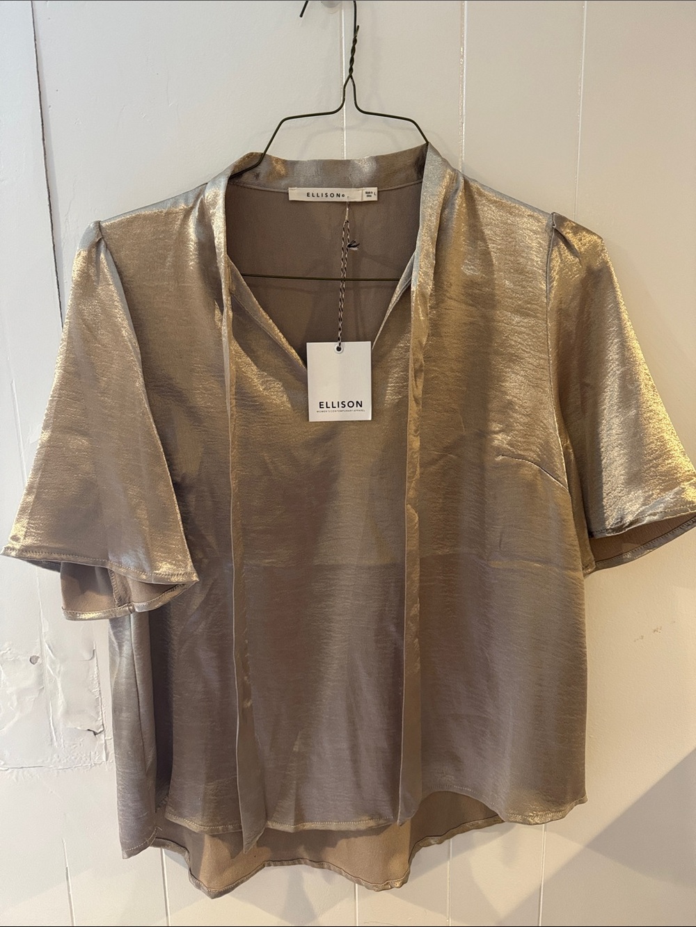 Ellison Metallic Champagne Short Sleeve V-Neck Blouse with Ties